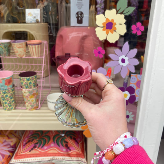 Glazen waxinelichthouder tulp - Roze/groen