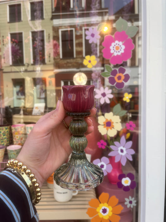 Glazen waxinelichthouder tulp - Roze/groen