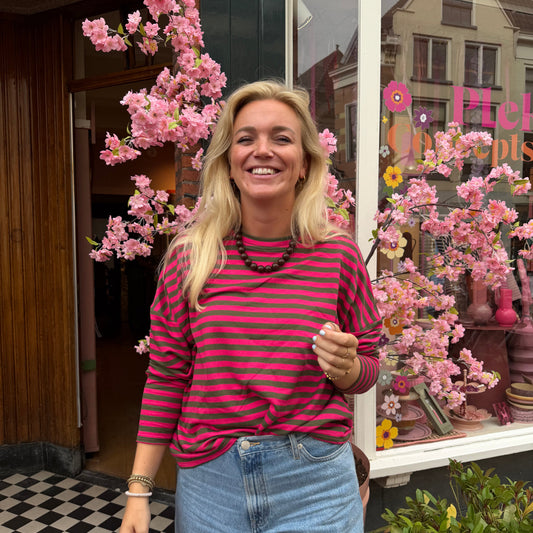 Liv longsleeve streep - Fuchsia roze/legergroen