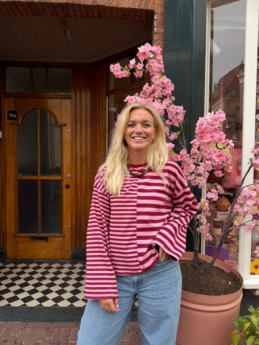Noa longsleeve streep - Roze/bordeaux