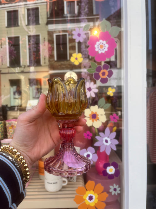 Glazen waxinelichthouder tulp - Geel/roze
