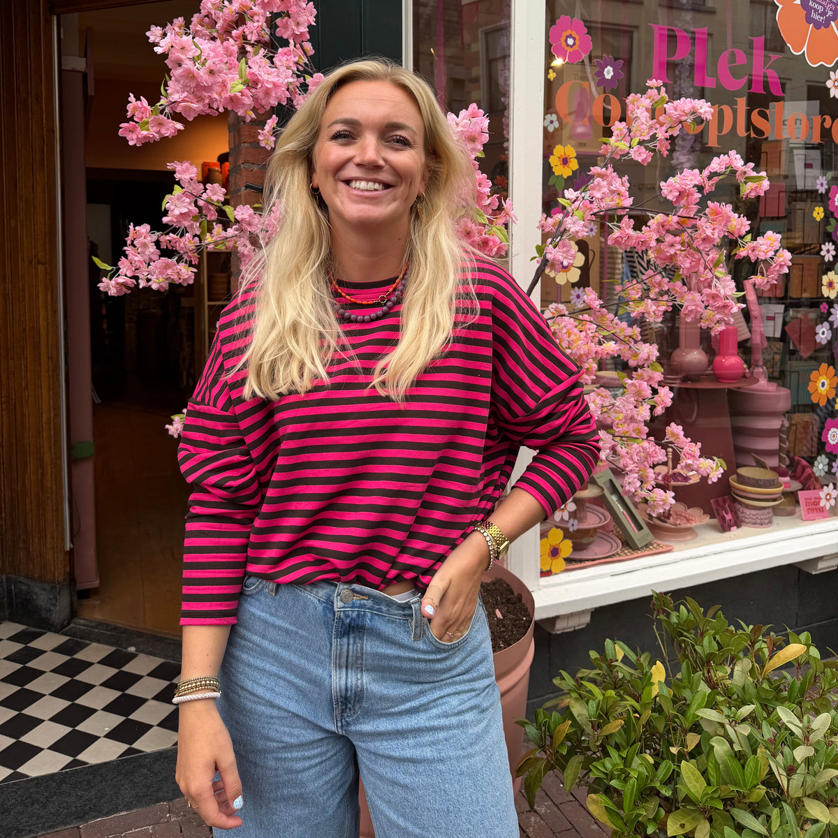 Liv longsleeve streep- Fuchsia roze/bruin