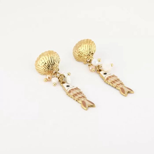 Oorbellen visje/schelp - Goud/beige