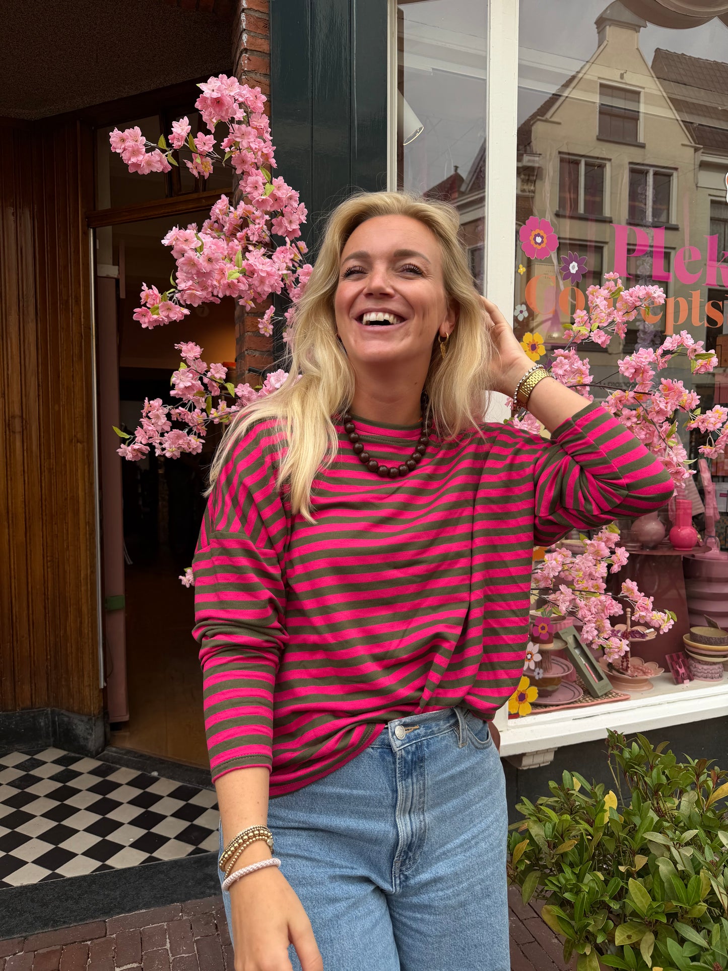 Liv longsleeve streep - Fuchsia roze/legergroen