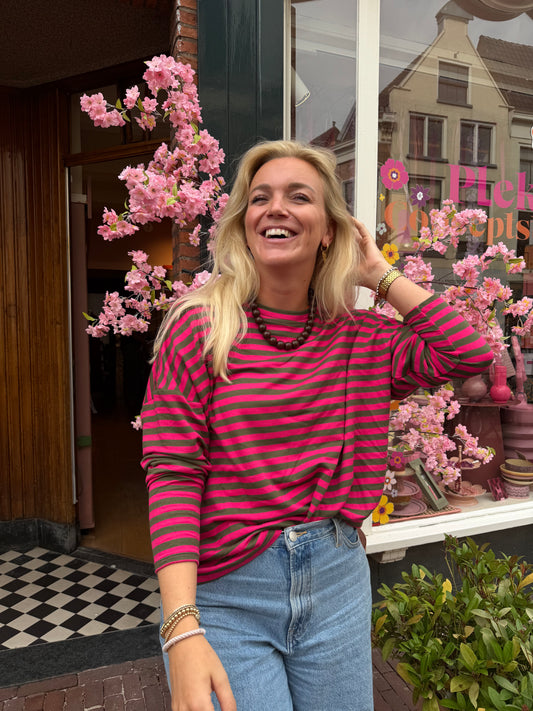 Liv longsleeve streep - Fuchsia roze/legergroen