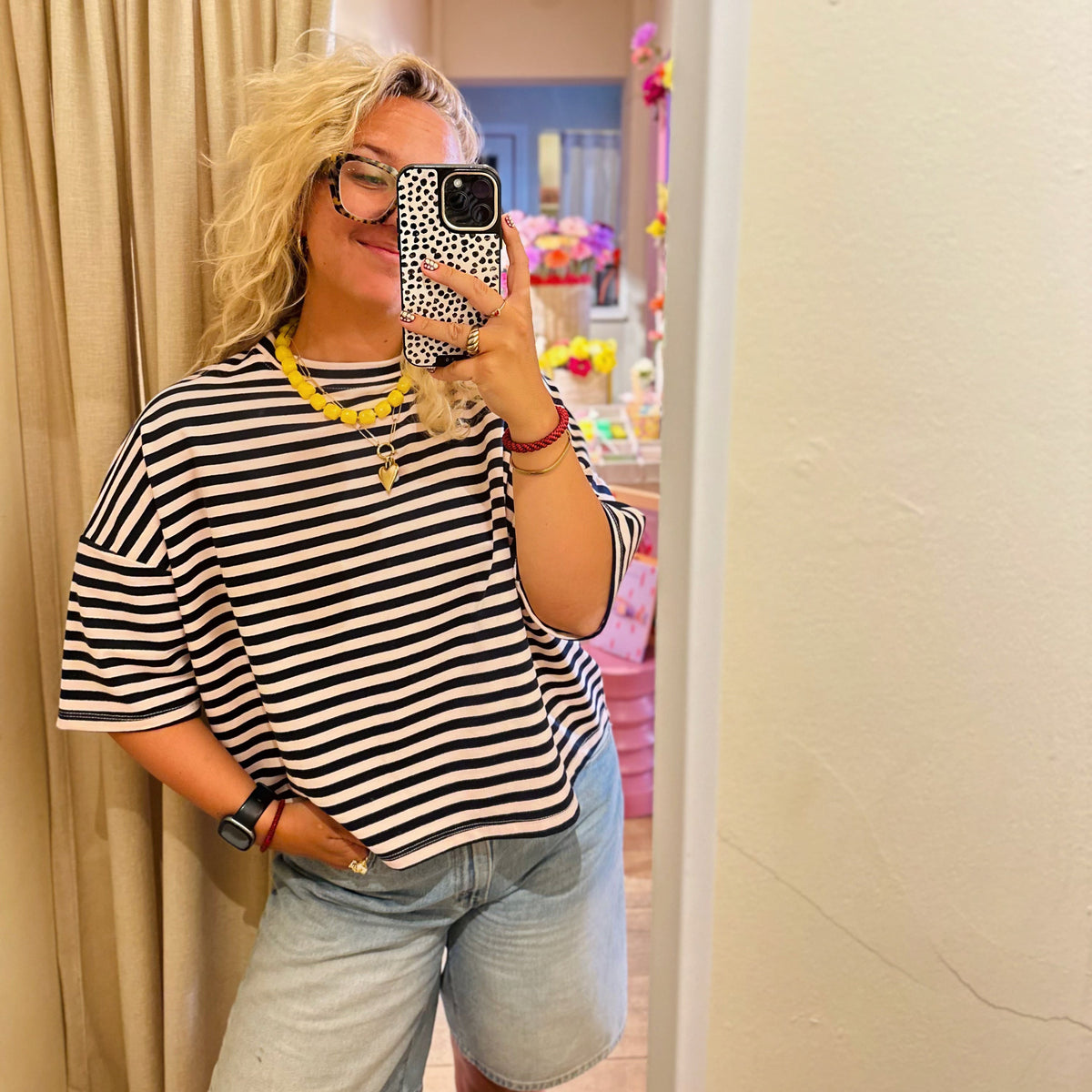 T-shirt Streep - Lichtroze/donkerblauw