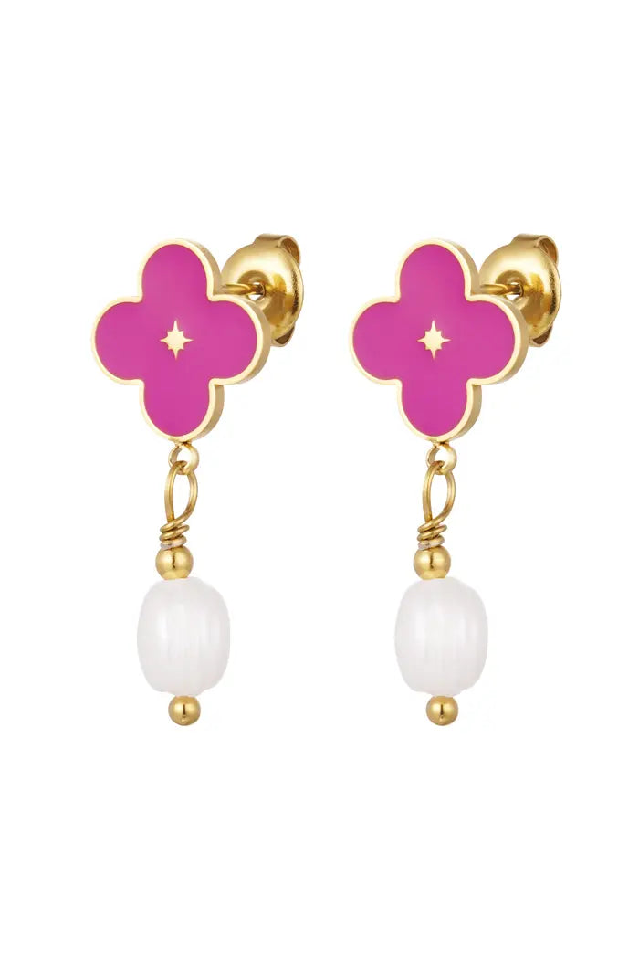 Oorbellen bloemetje - Fuchsia/goud