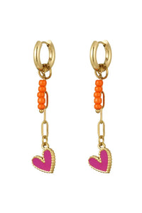 Oorbellen kraaltjes/hartje - Oranje/fuchsia/goud
