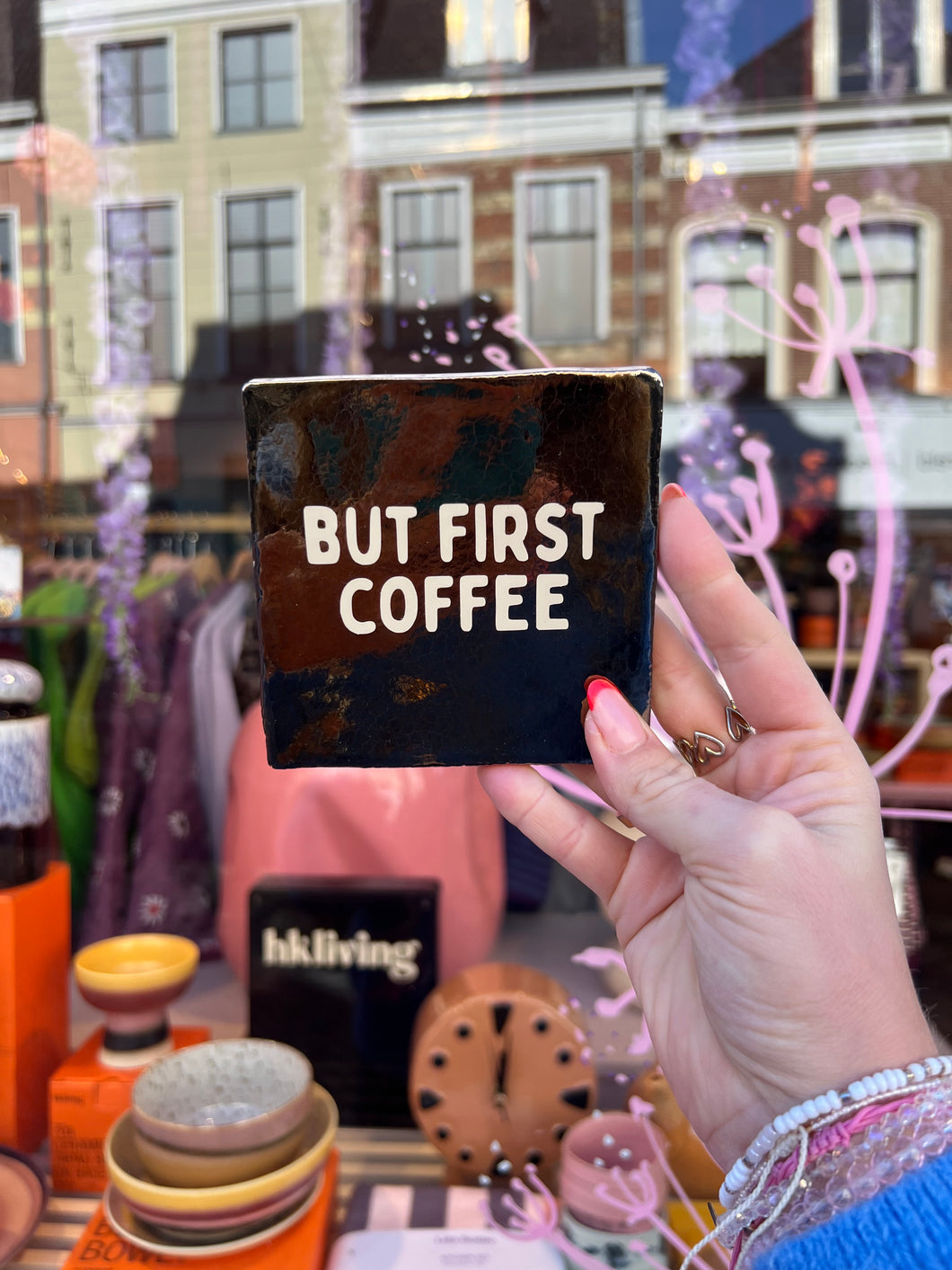Tegeltje But first coffee - Goud