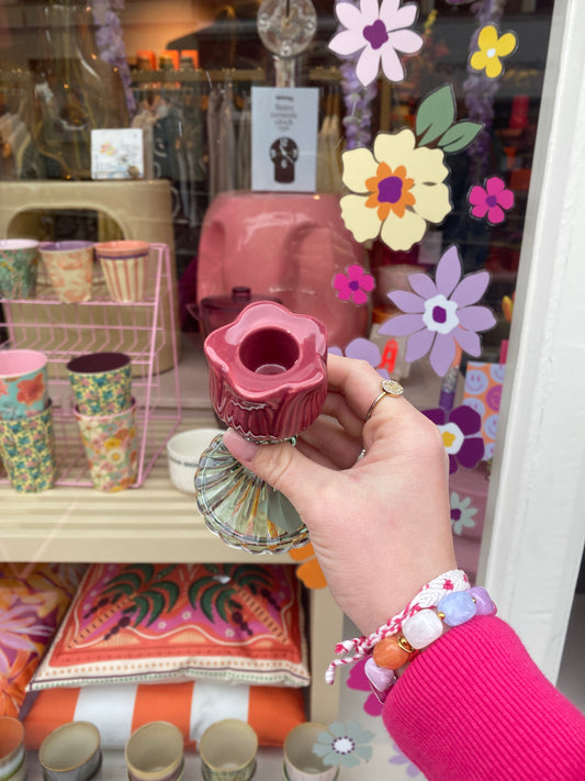 Glazen waxinelichthouder tulp - Roze/groen
