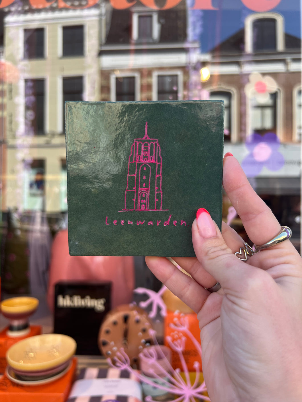 Tegeltje Oldehove gegraveerd - Donkergroen/Roze
