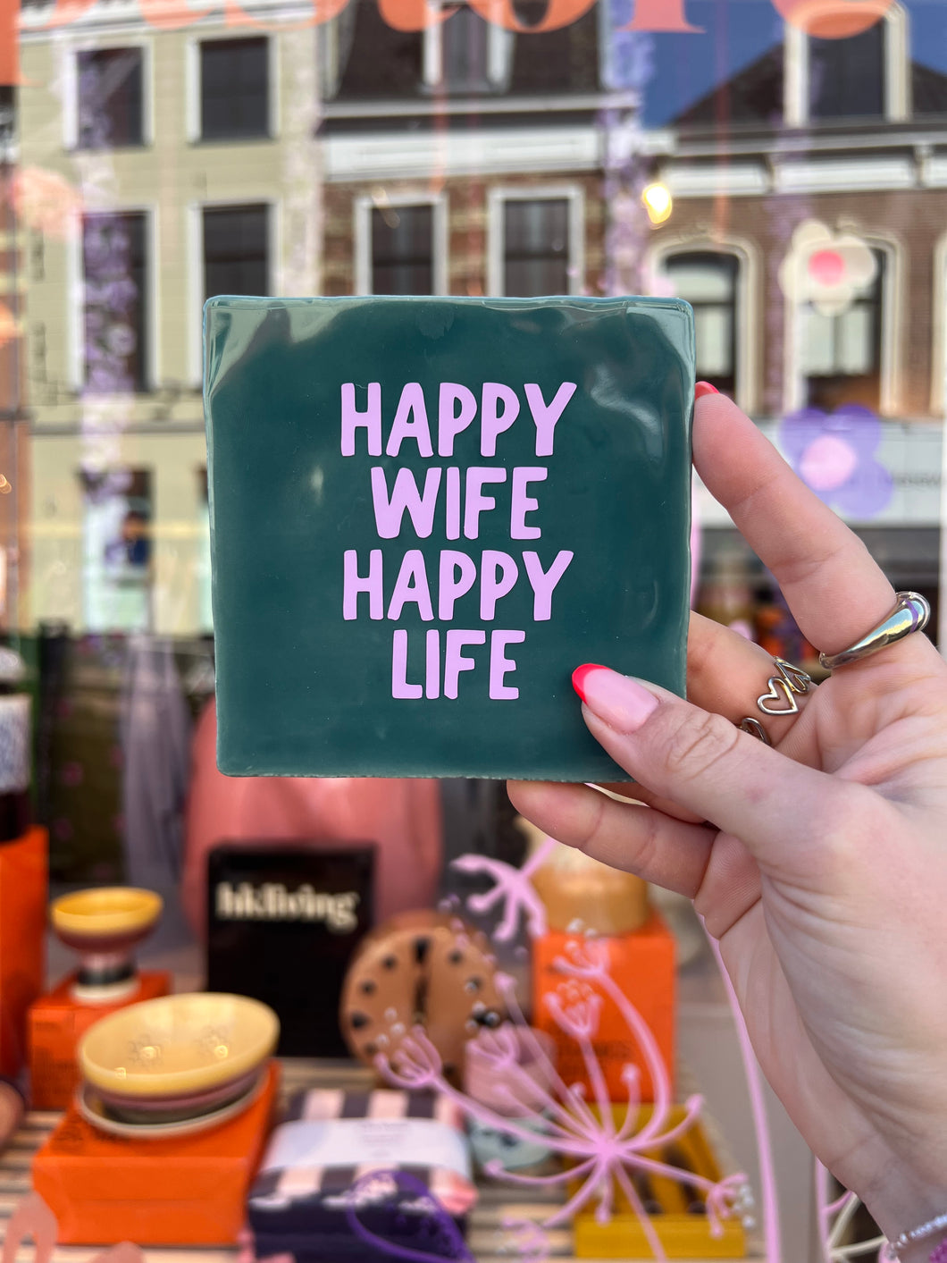Tegeltje Happy wife Happy life - Groen