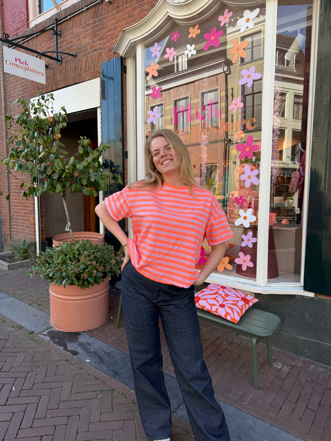 T-shirt streep - Oranje/roze