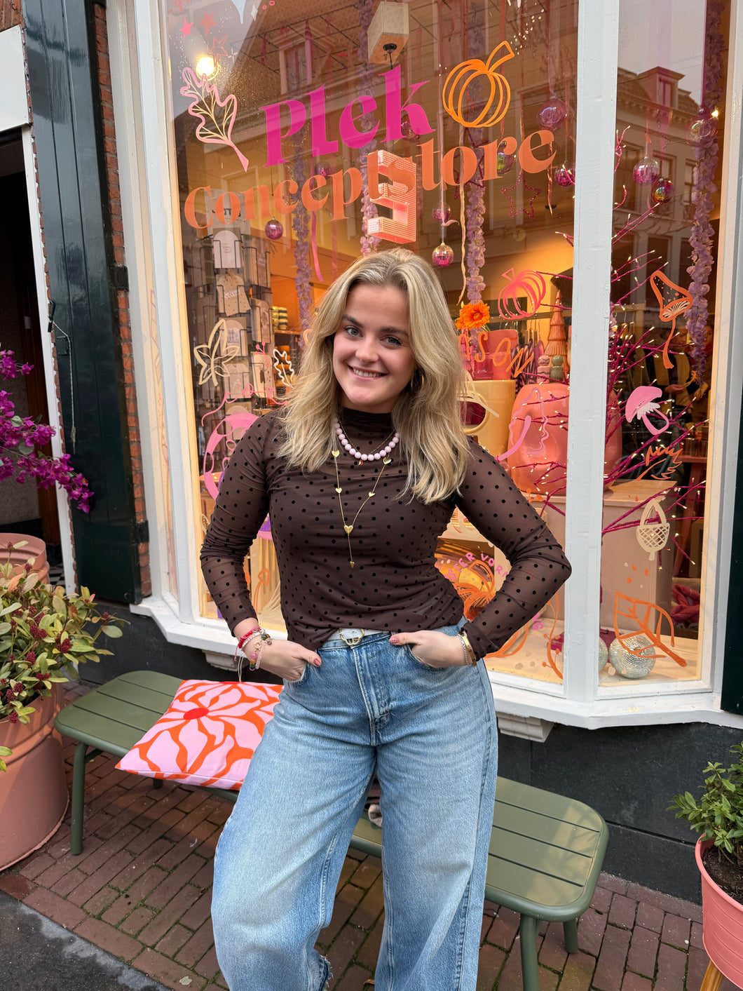 Mesh top stippen - Bruin