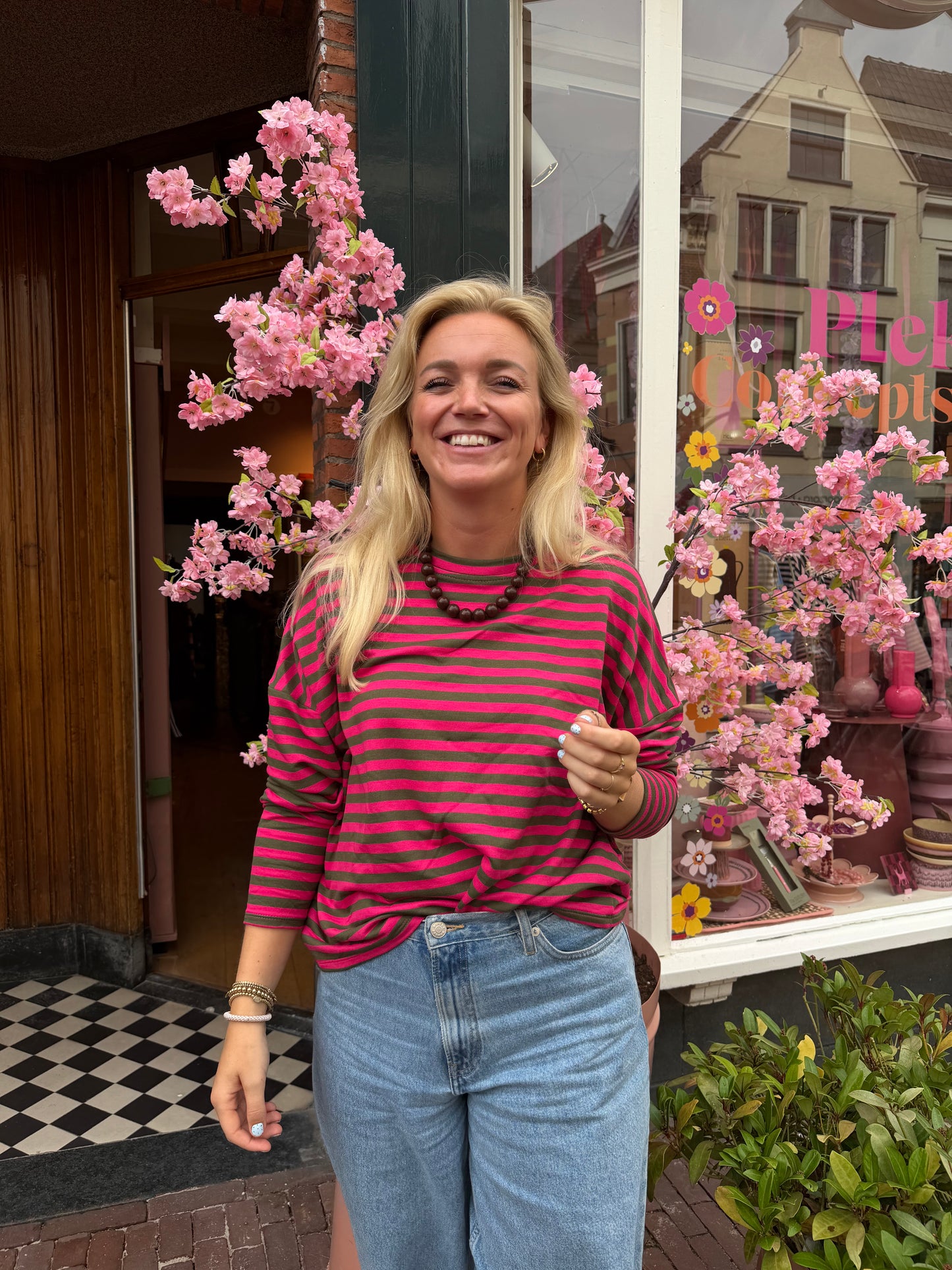 Liv longsleeve streep - Fuchsia roze/legergroen
