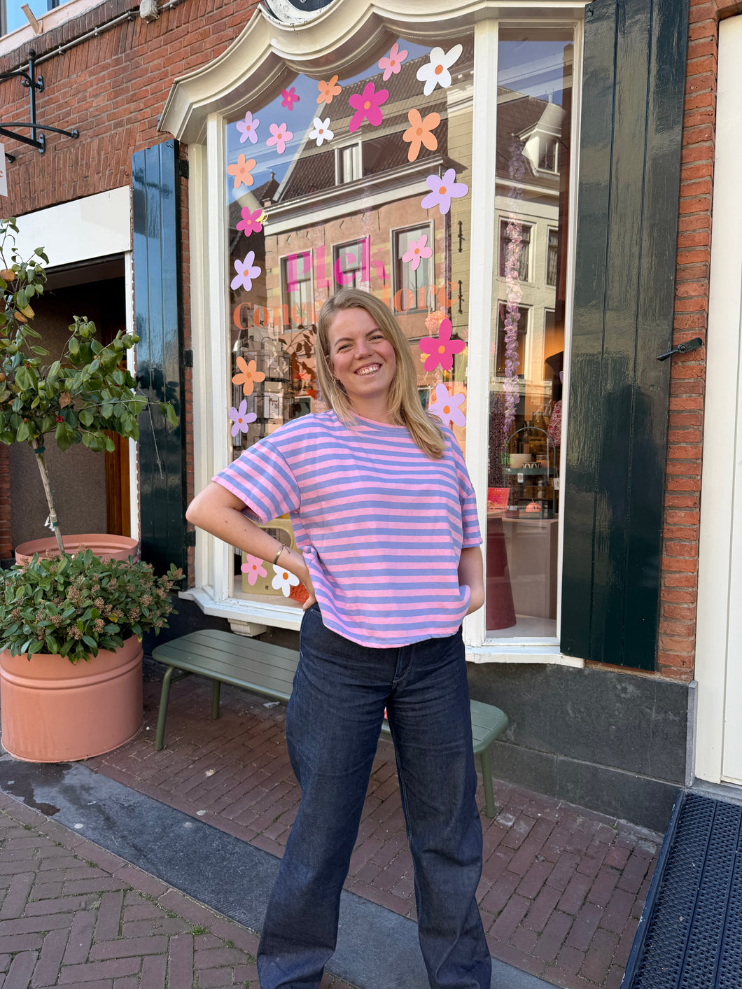 T-shirt streep - Roze/blauw