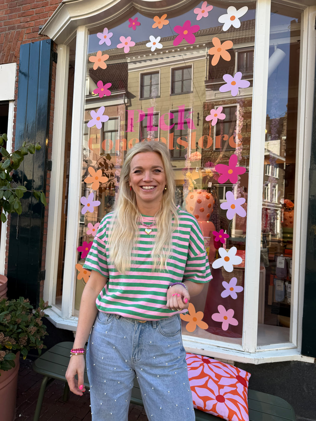 T-shirt streep - Roze/groen