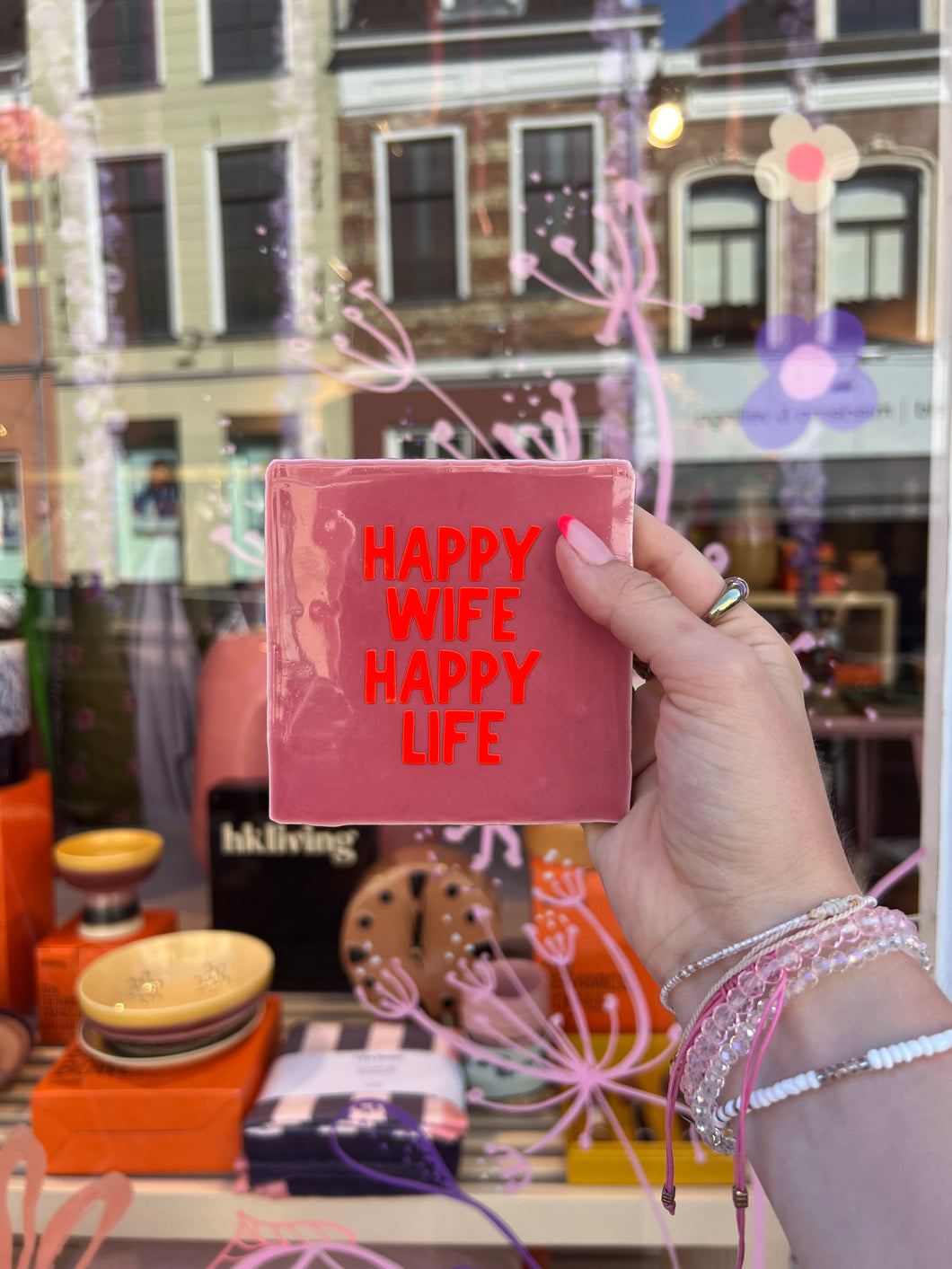 Tegeltje Happy wife Happy life - Roze