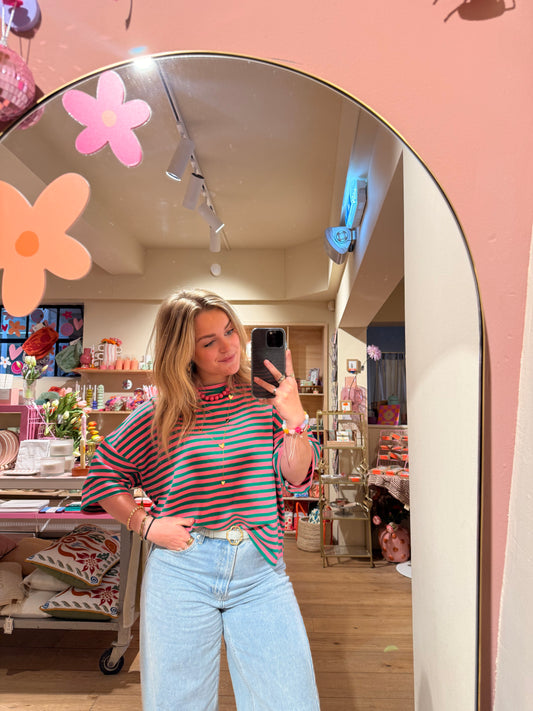 T-shirt streep - Roze/groen