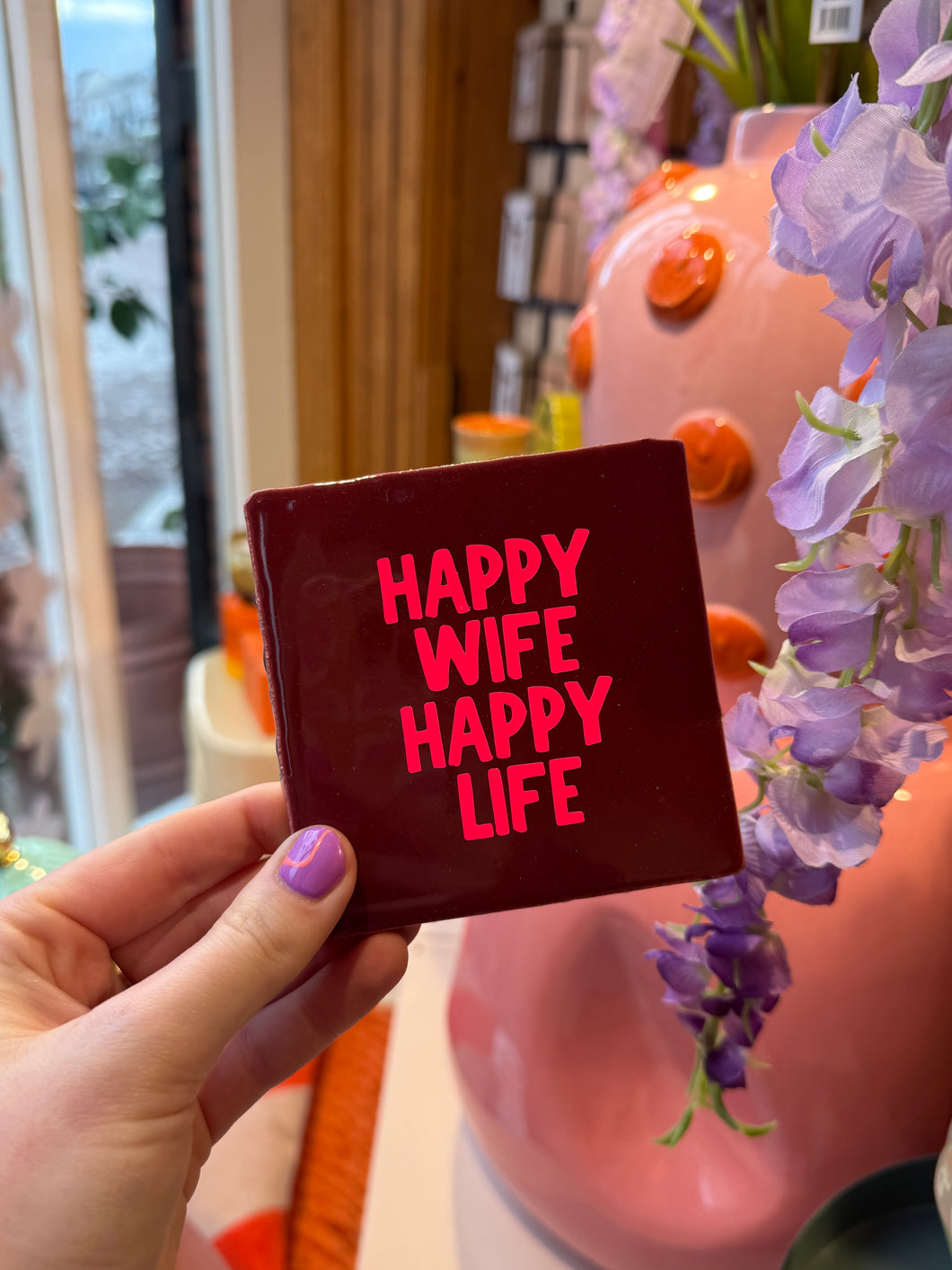 Tegeltje Happy wife happy life - Bordeaux rood