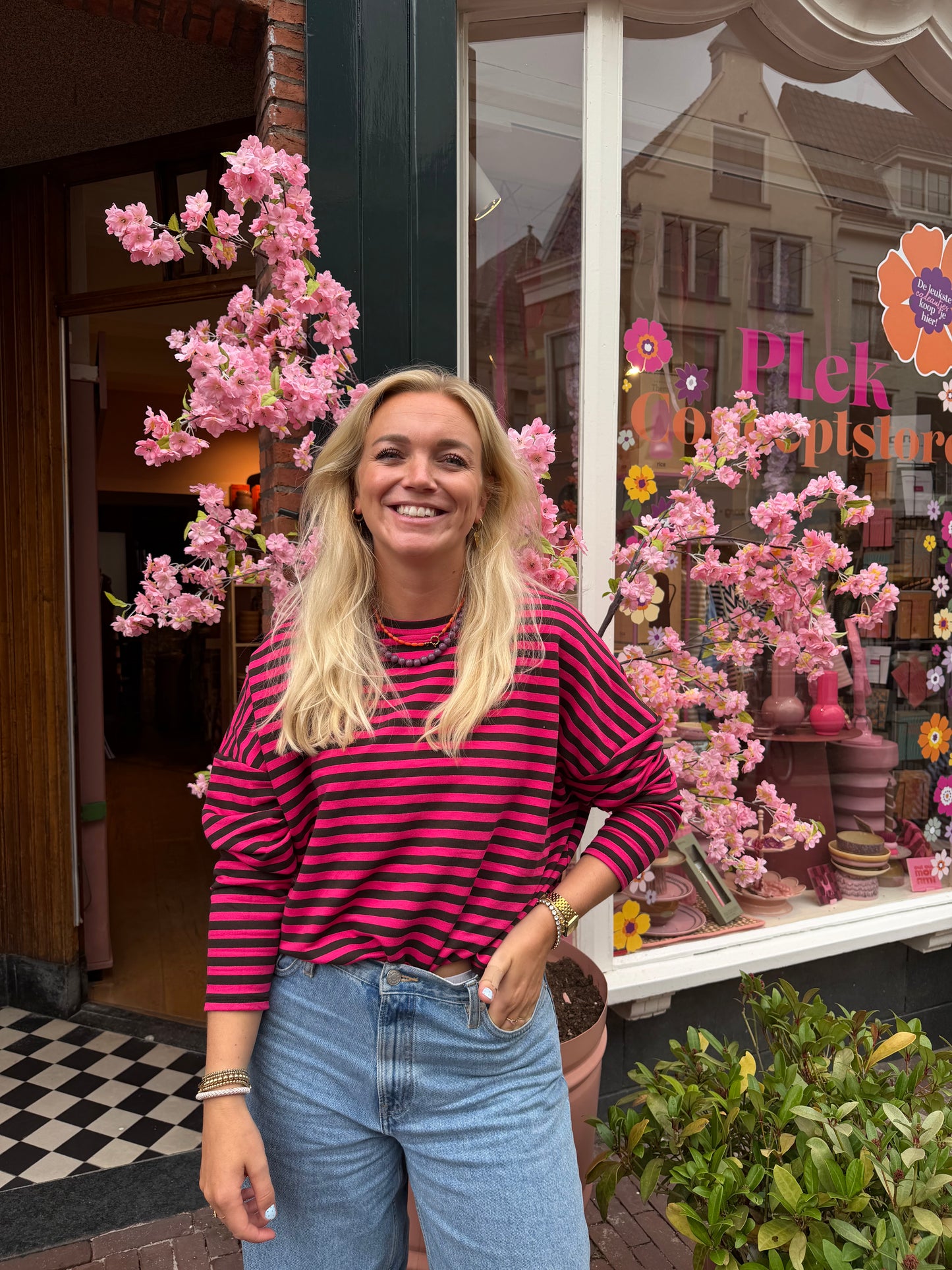 Liv longsleeve streep- Fuchsia roze/bruin