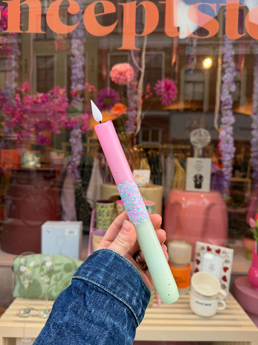 LED Pillar Kaars - Roze/groen glitter