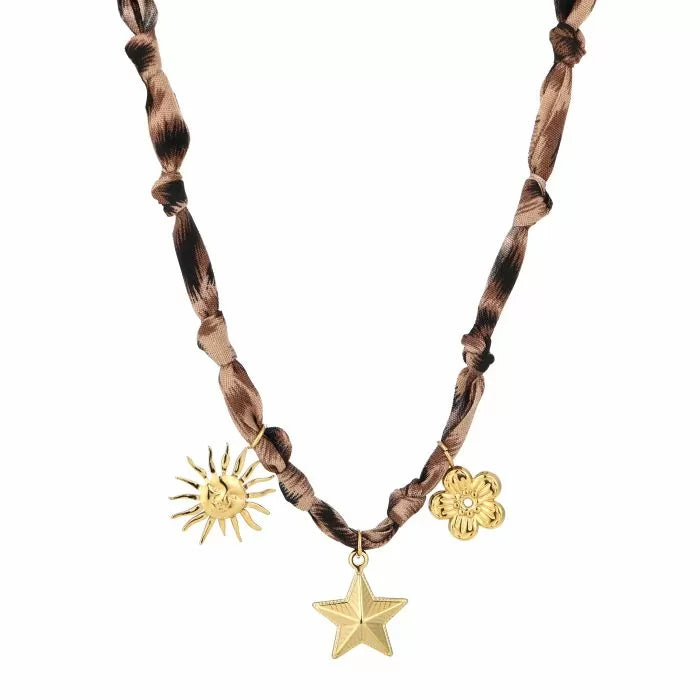 Gevlochten ketting met bedeltjes - Leopard