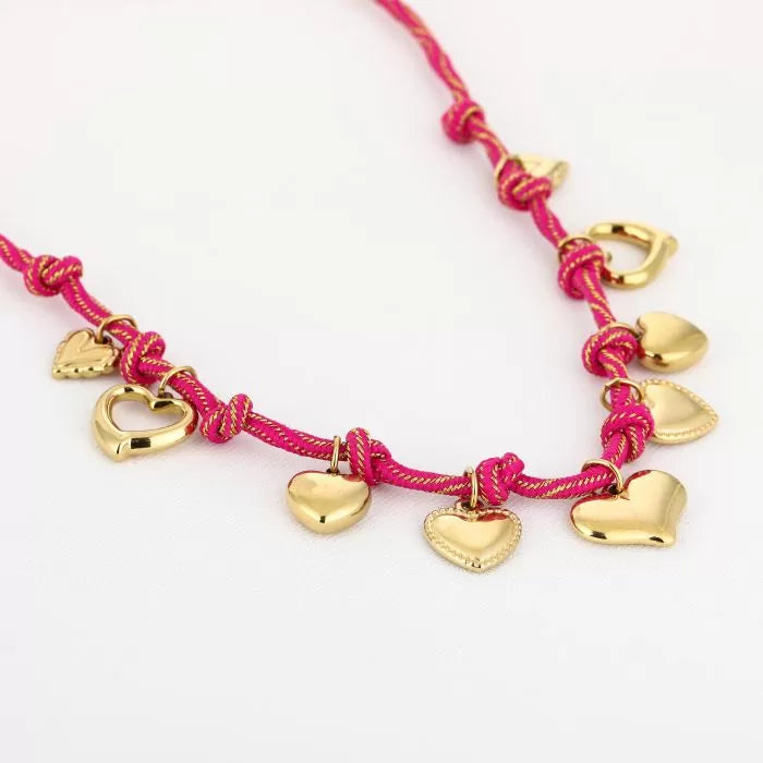 Touw ketting met hartjes bedeltjes - Fuchsia