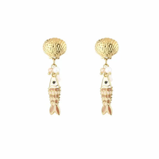 Oorbellen visje/schelp - Goud/beige