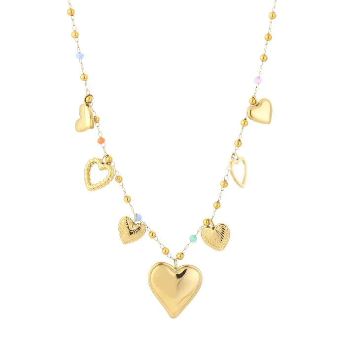 Ketting Hartjes Bedels Goud en gekleurde kralen