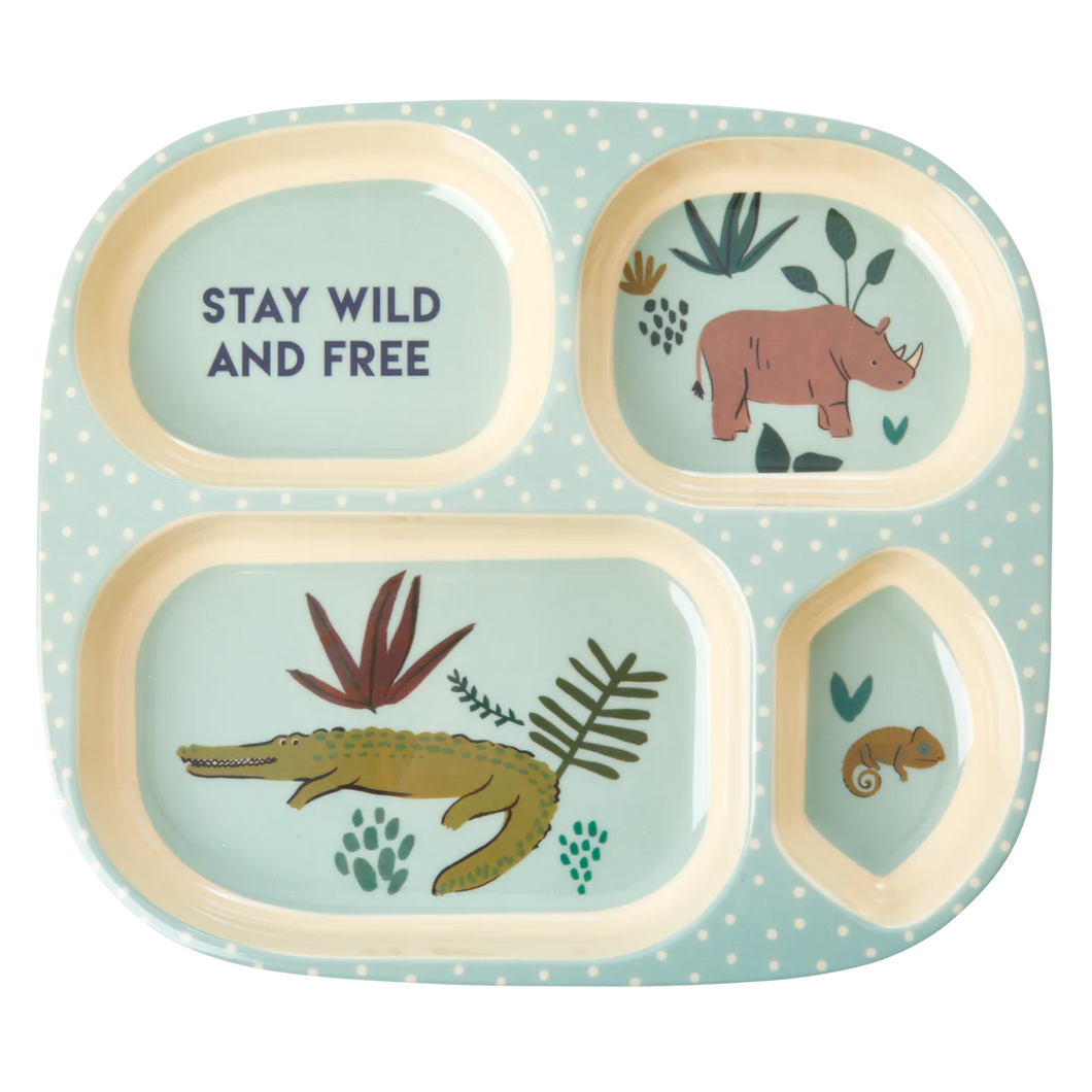 Rice Kinderbord met 4 Compartimenten - Zacht blauw - Jungle Print