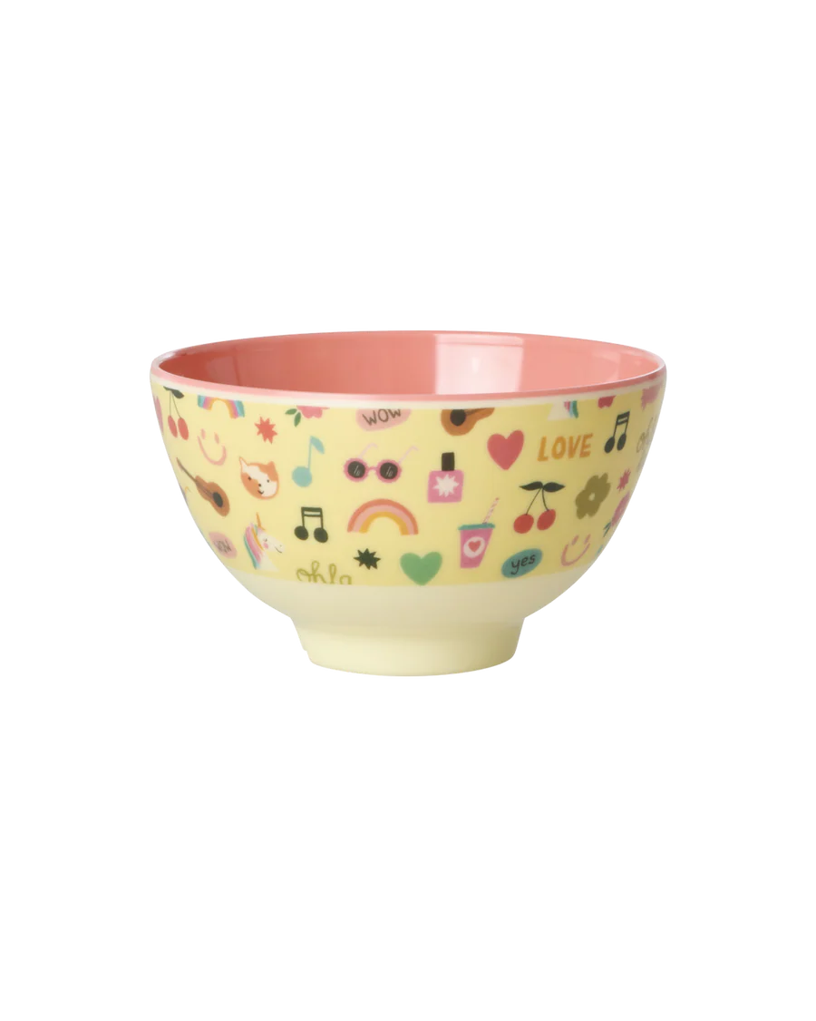 Rice - Klein Kinderschaaltje - Zacht geel - Unicorn Love Print