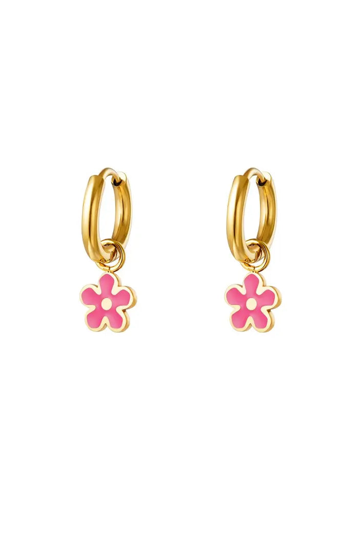 Oorbellen bloemetje klein - Fuchsia/goud