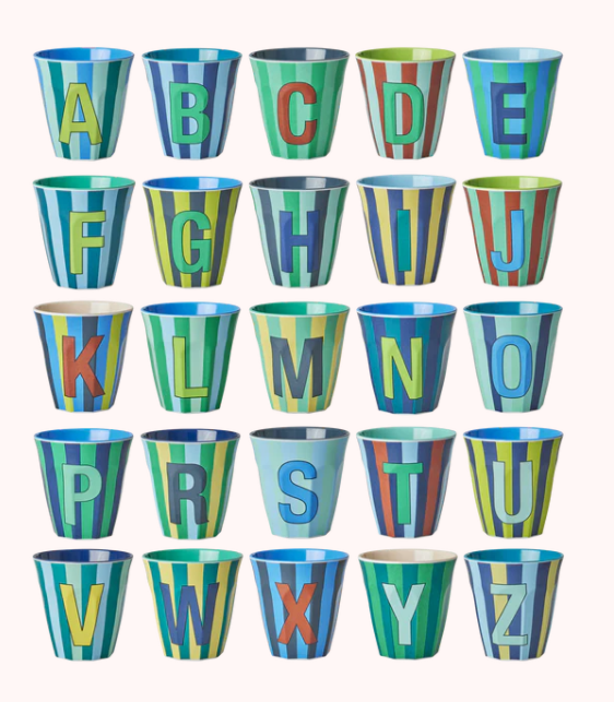 Melamine cups striped groen/blauw - A t/m Z