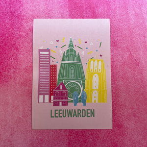Kaart - Leeuwarden roze/gekleurd A5