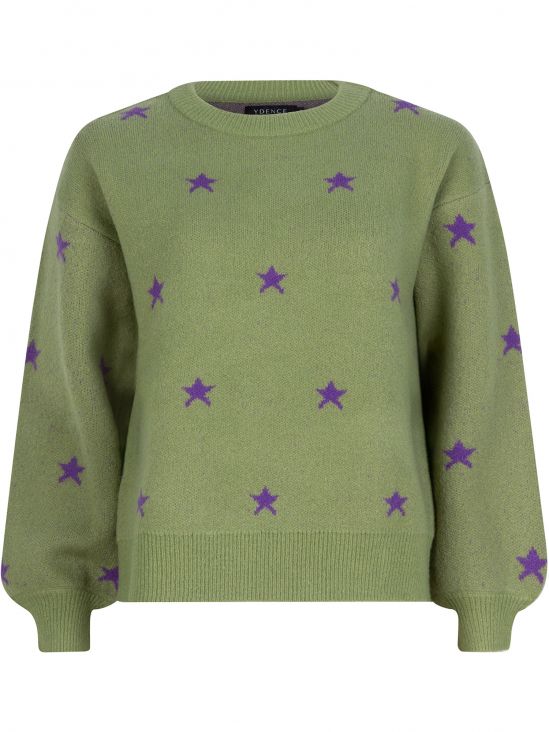 Knitted Sweater star - Apple green/purple