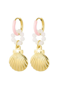 Oorbellen hanger parelring met schelp - goud / roze / parel