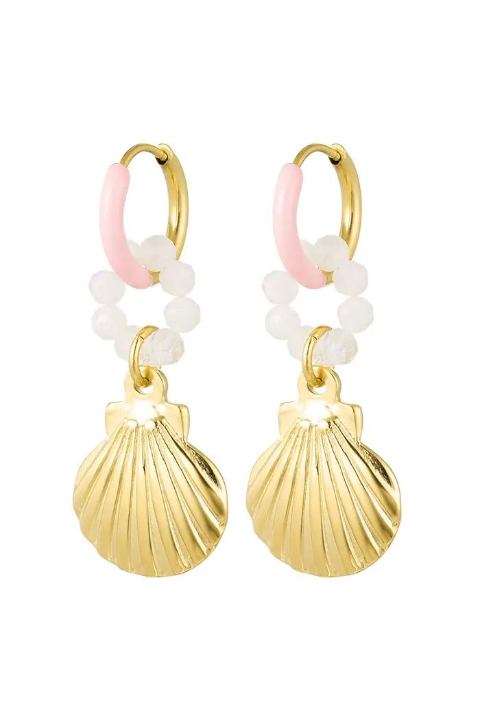 Oorbellen hanger parelring met schelp - goud / roze / parel