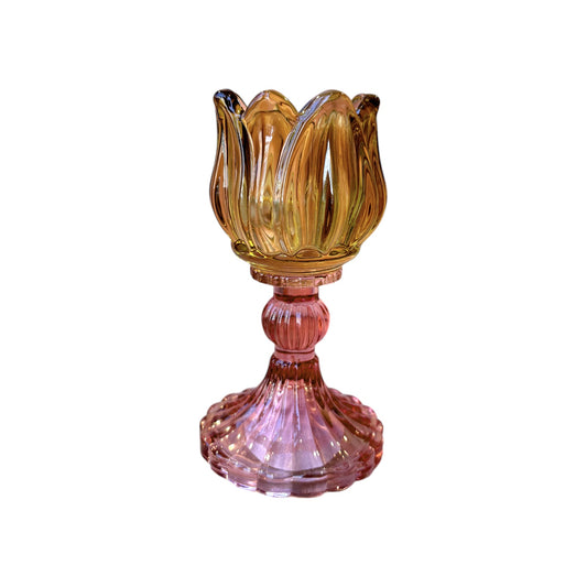 Glazen waxinelichthouder tulp - Geel/roze