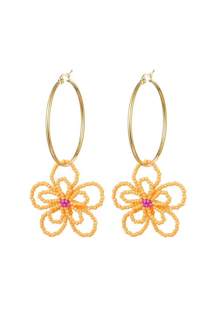 Oorbellen - Ring bloemetje Goud/oranje